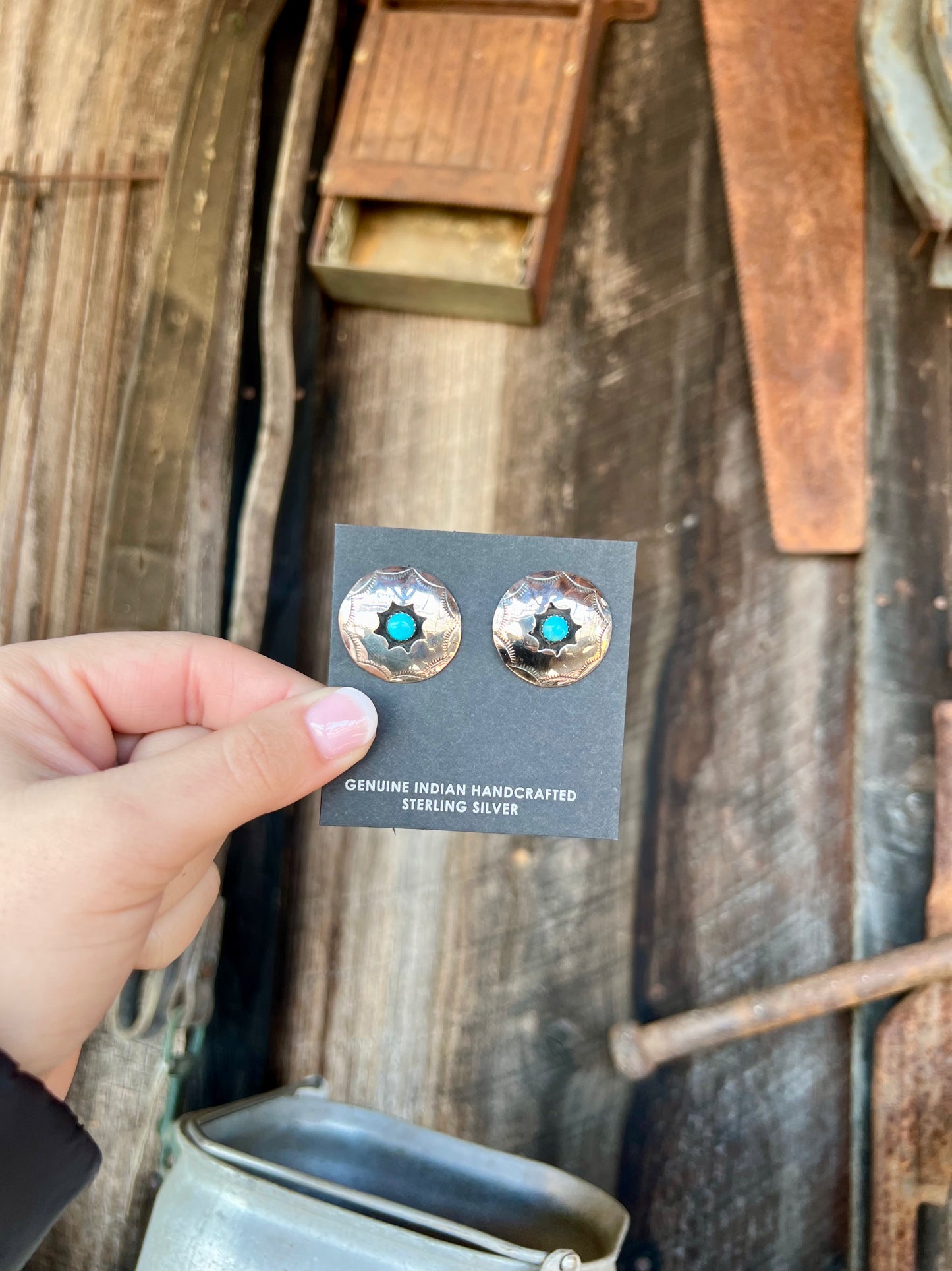 Genuine Turquoise Round Shadowbox Star Pattern Sterling Silver Earrings