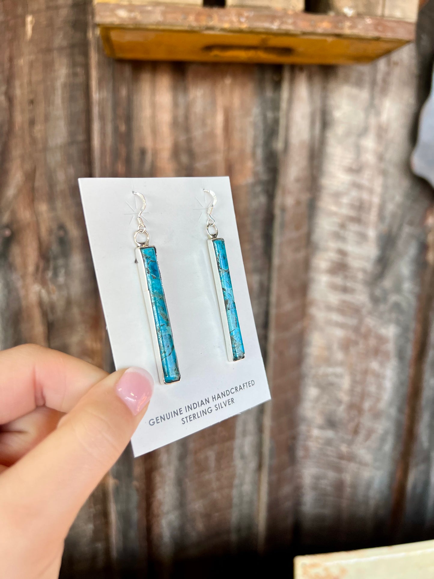 Genuine Turquoise Sterling Silver Bar Earrings