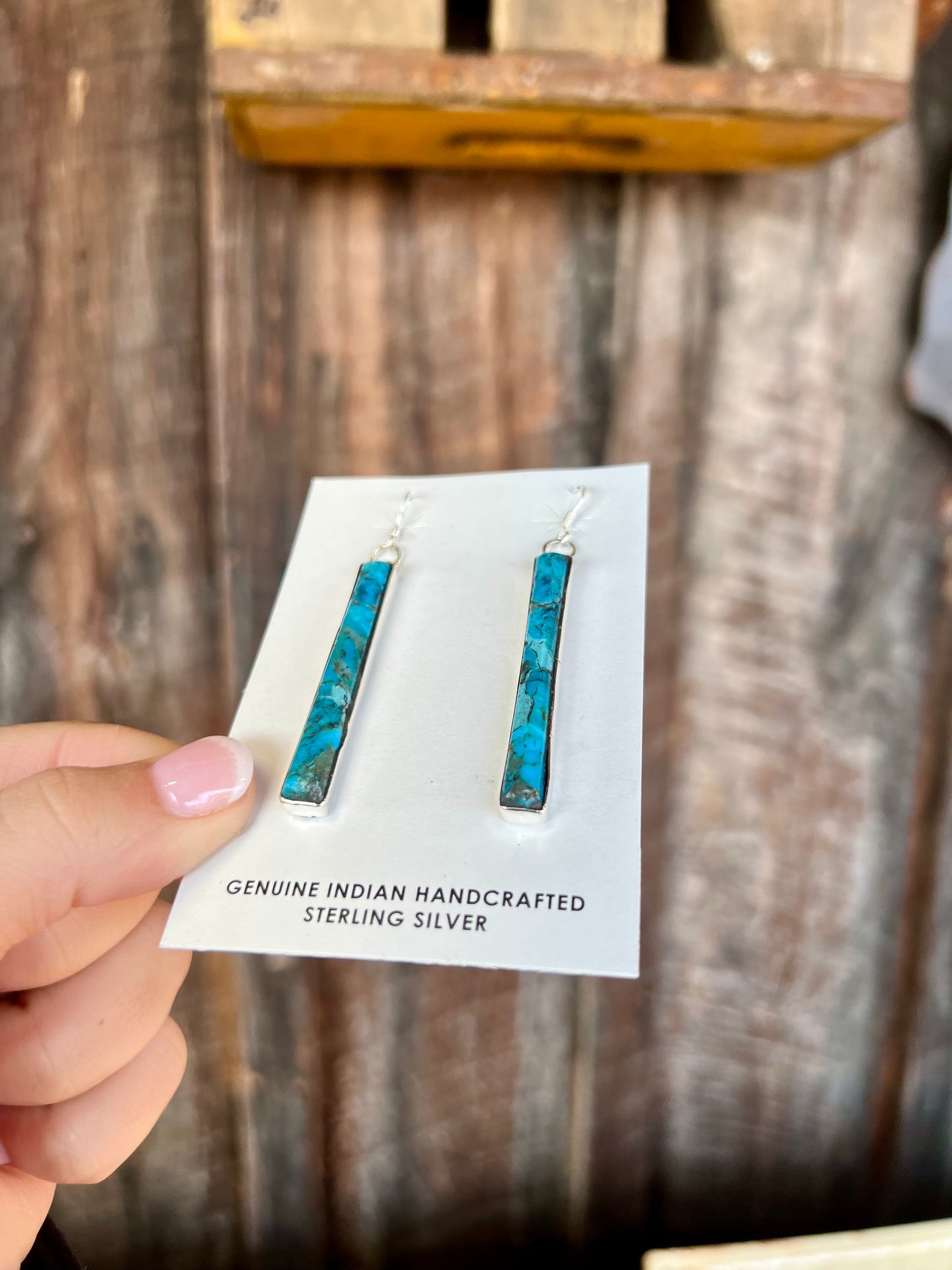 Genuine Turquoise Sterling Silver Bar Earrings