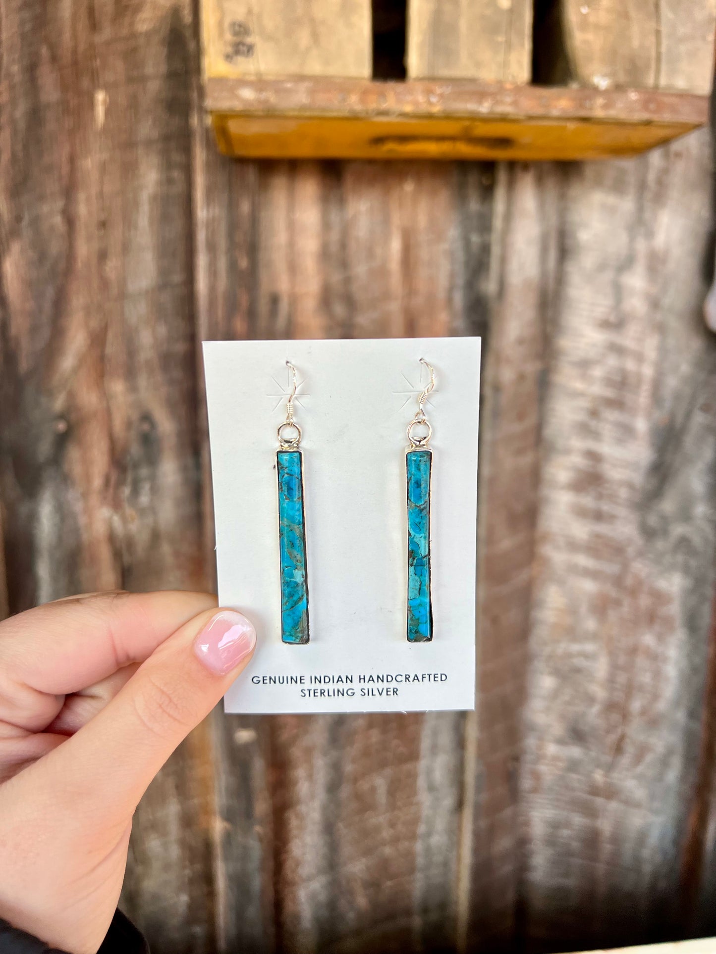 Genuine Turquoise Sterling Silver Bar Earrings