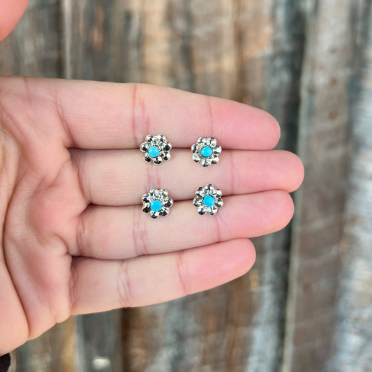 Sterling Silver Flower with Genuine Turquoise Stud Earrings