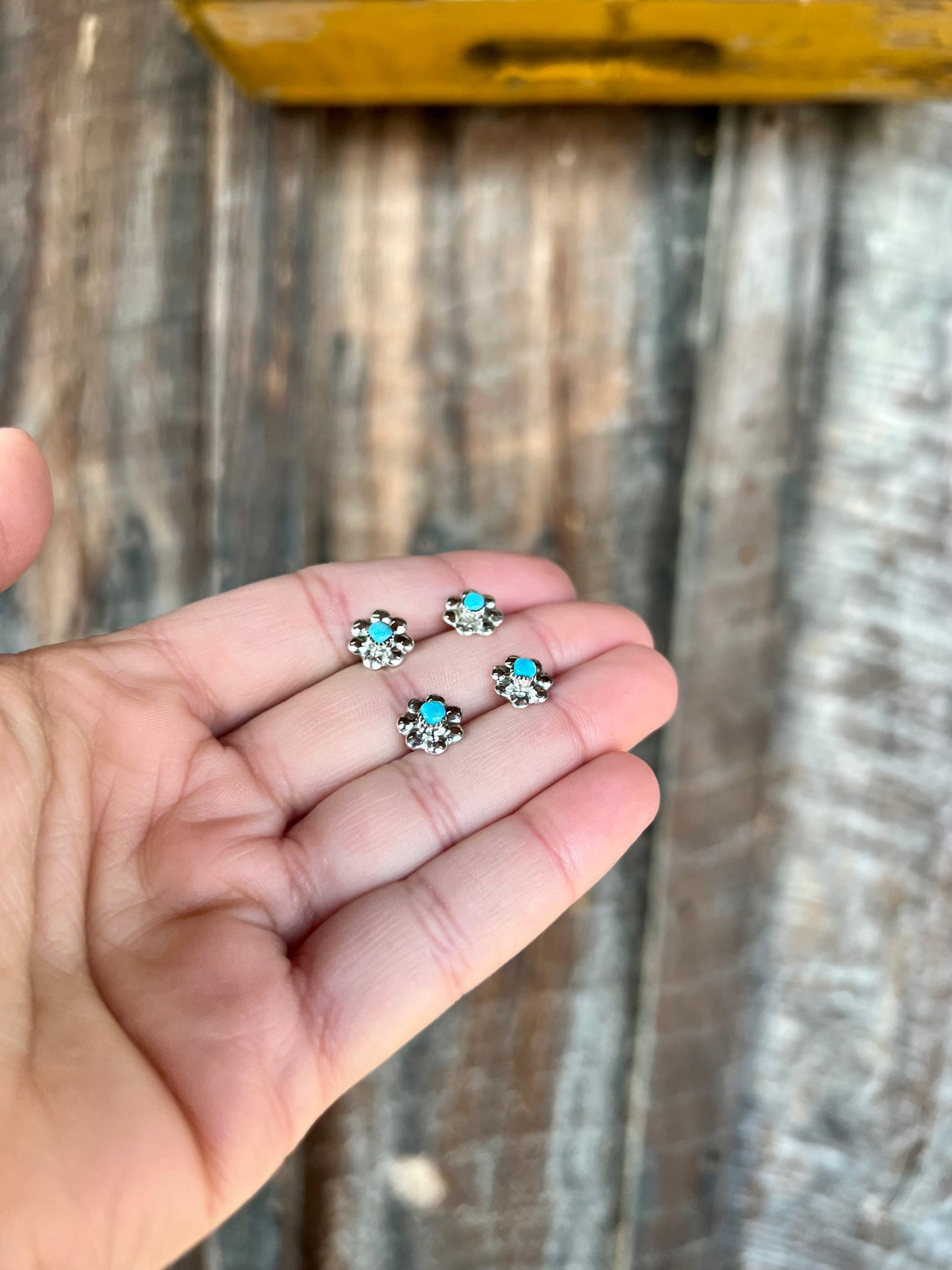 Sterling Silver Flower with Genuine Turquoise Stud Earrings