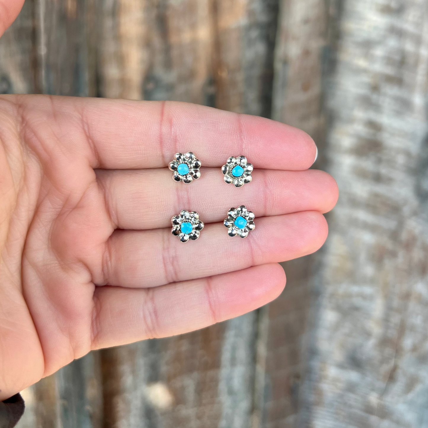 Sterling Silver Flower with Genuine Turquoise Stud Earrings