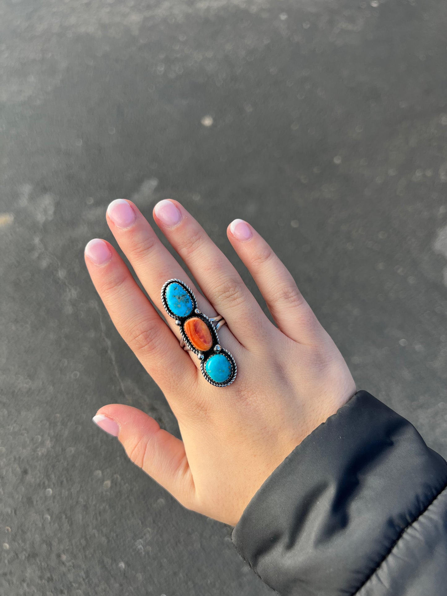 Genuine Turquoise and Spiny Oyster 3 Stone Sterling Silver Ring