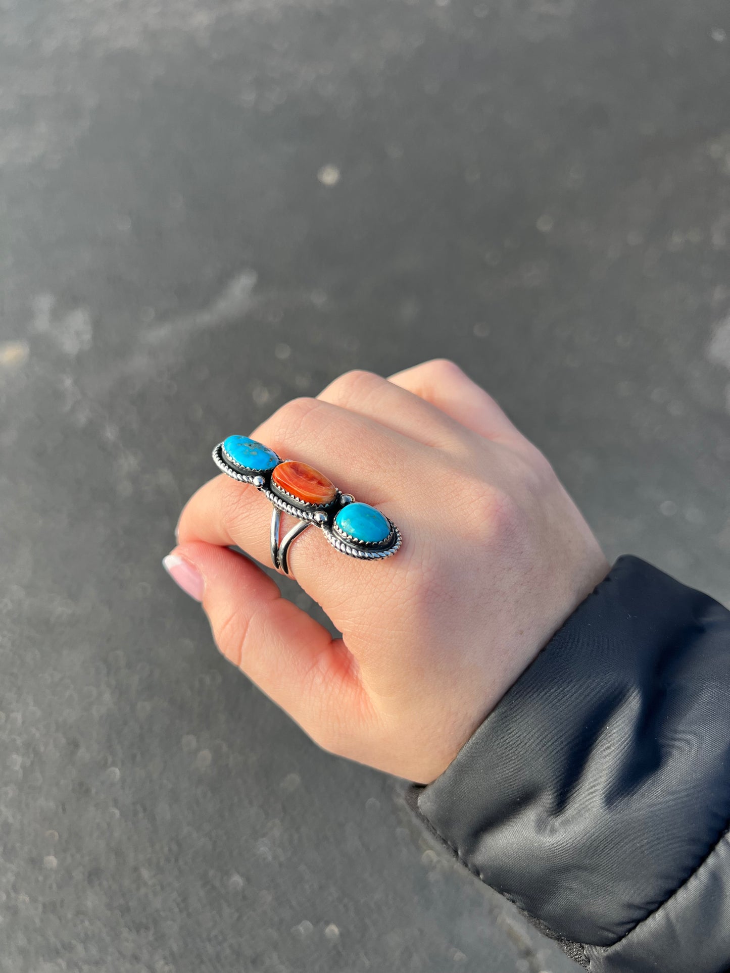 Genuine Turquoise and Spiny Oyster 3 Stone Sterling Silver Ring