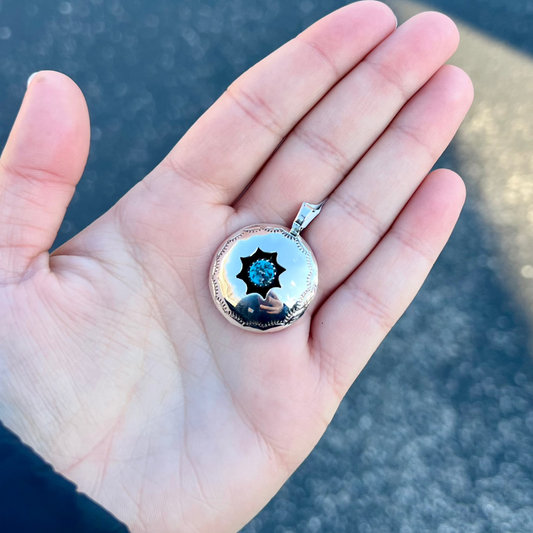 Genuine Turquoise Round Shadowbox Star Pattern Sterling Silver Pendant