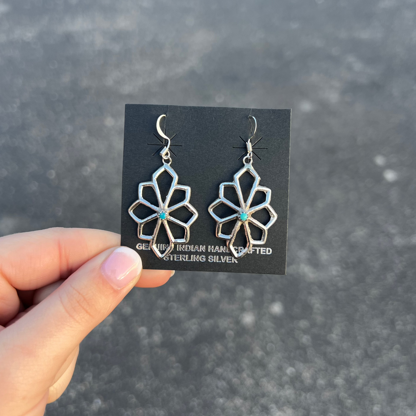 Genuine Turquoise Sterling Silver Sand Cast Flower Earrings