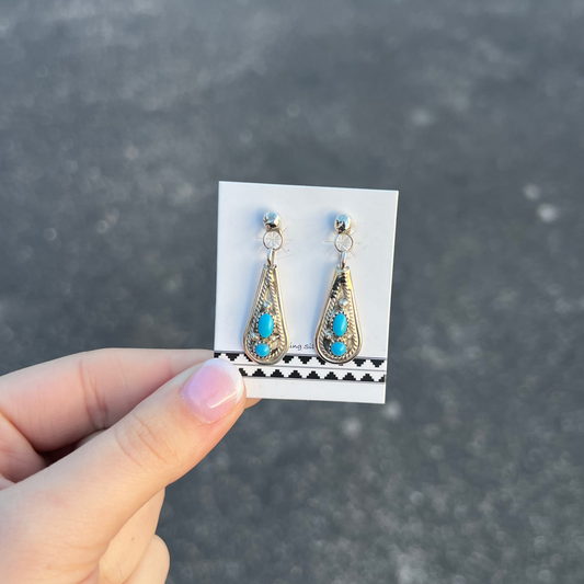 Navajo Genuine Turquoise Teardrop Sterling Silver Dangle Earrings