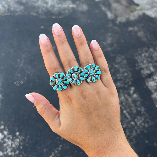 Genuine Turquoise Bronze Cluster Sterling Silver Ring
