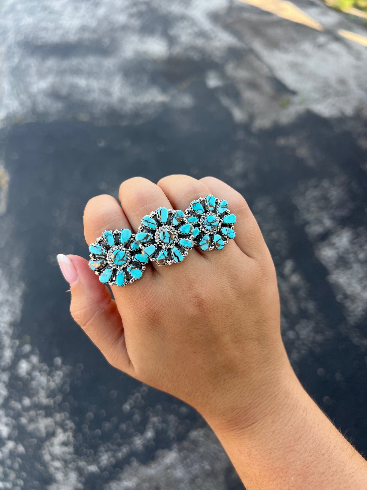Genuine Turquoise Bronze Cluster Sterling Silver Ring