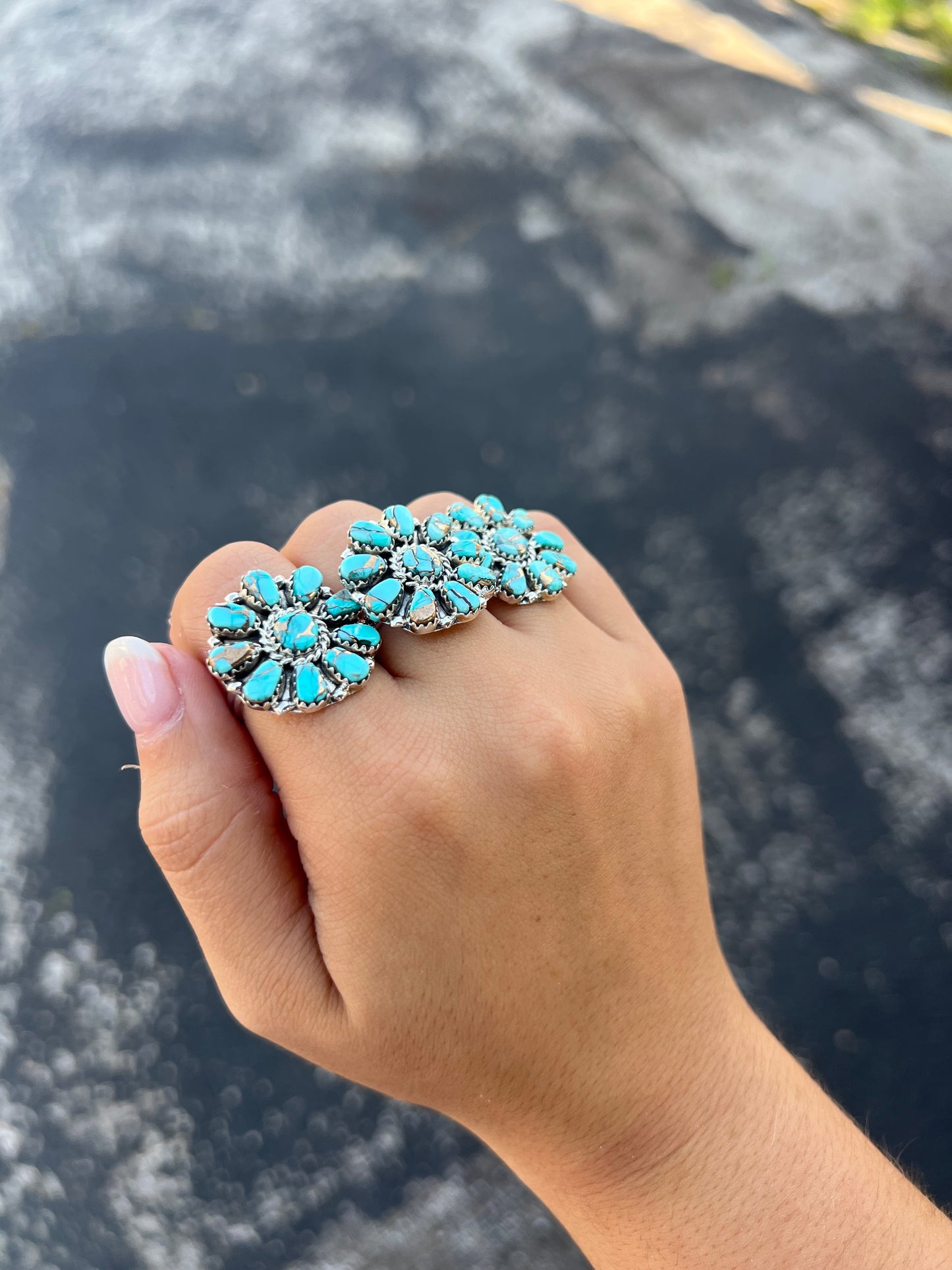 Genuine Turquoise Bronze Cluster Sterling Silver Ring