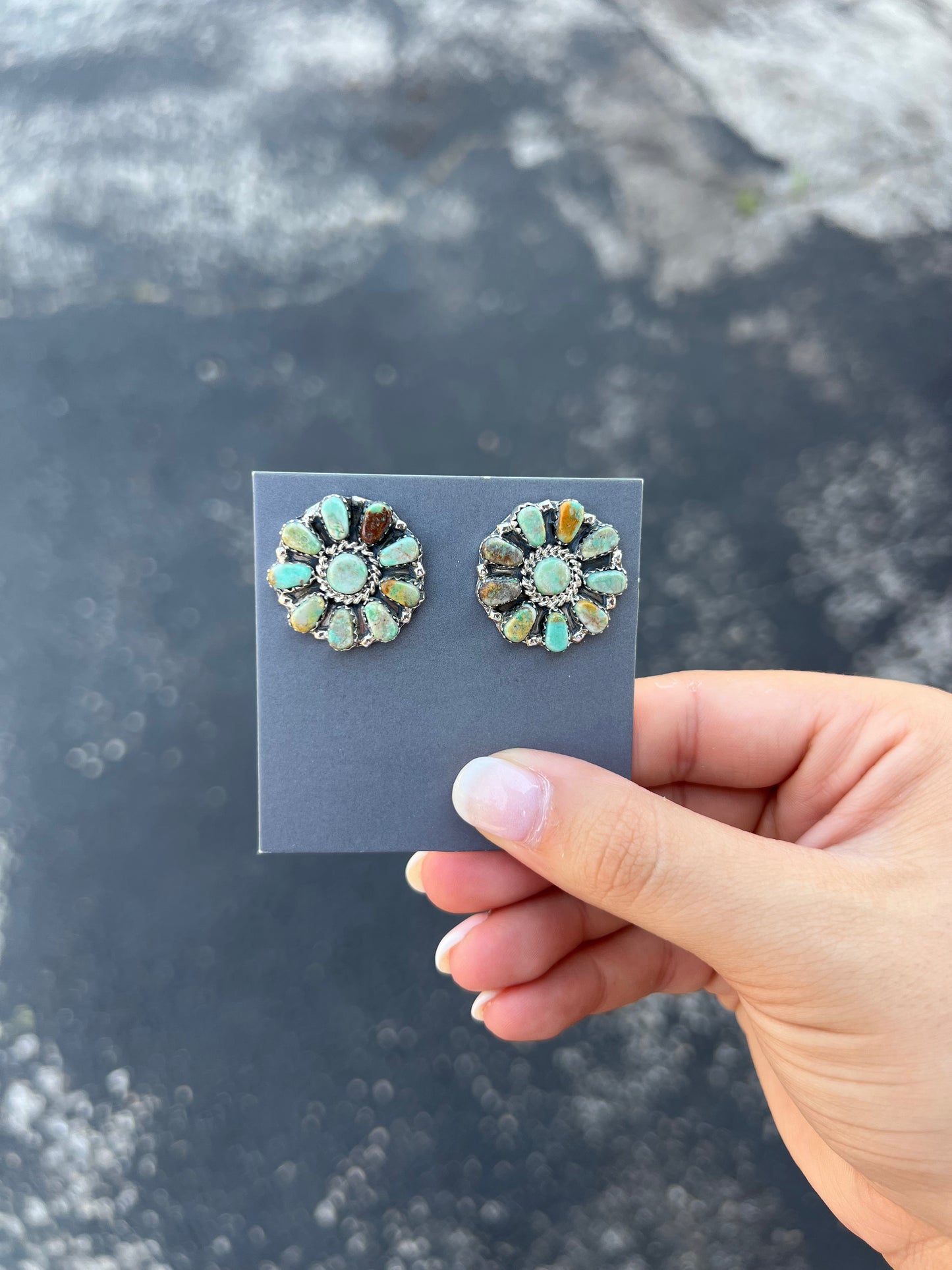 Genuine Green and Blue Kingman Turquoise 10 Stone Sterling Silver Cluster Earrings