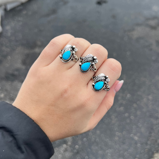 Turquoise Teardrop Stone and Feather Ring