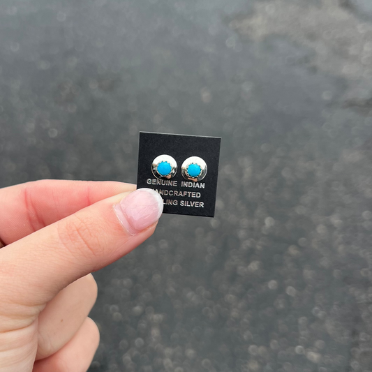 Genuine Turquoise Sterling Silver Disc Stud Earrings