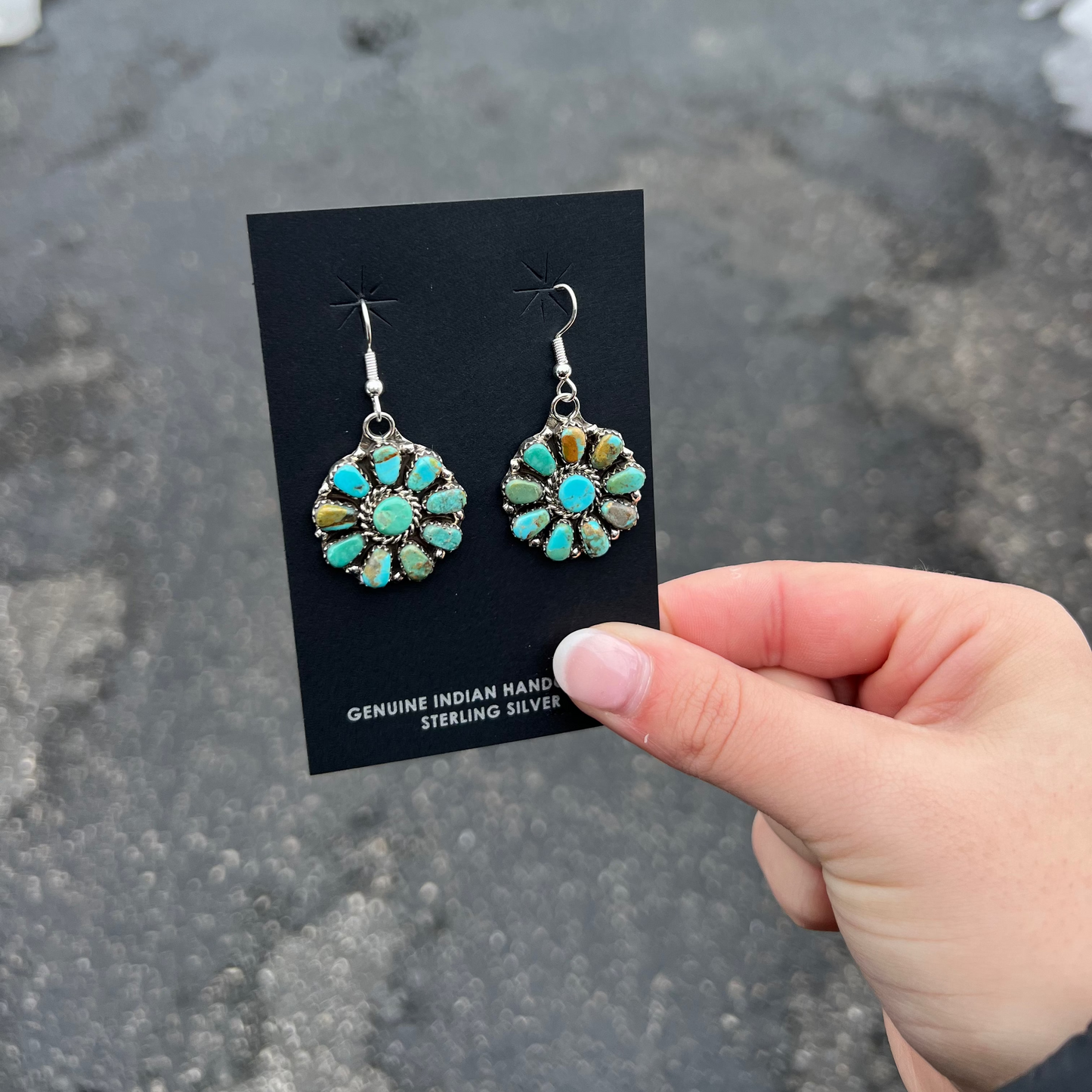 Dangle Cluster Genuine Green & Blue Kingman Turquoise 10 Stone Sterling Silver Earrings