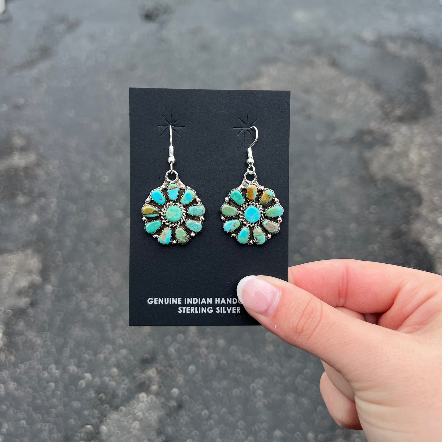 Dangle Cluster Genuine Green & Blue Kingman Turquoise 10 Stone Sterling Silver Earrings