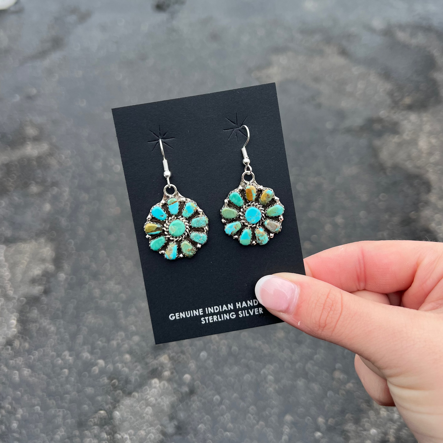 Dangle Cluster Genuine Green & Blue Kingman Turquoise 10 Stone Sterling Silver Earrings