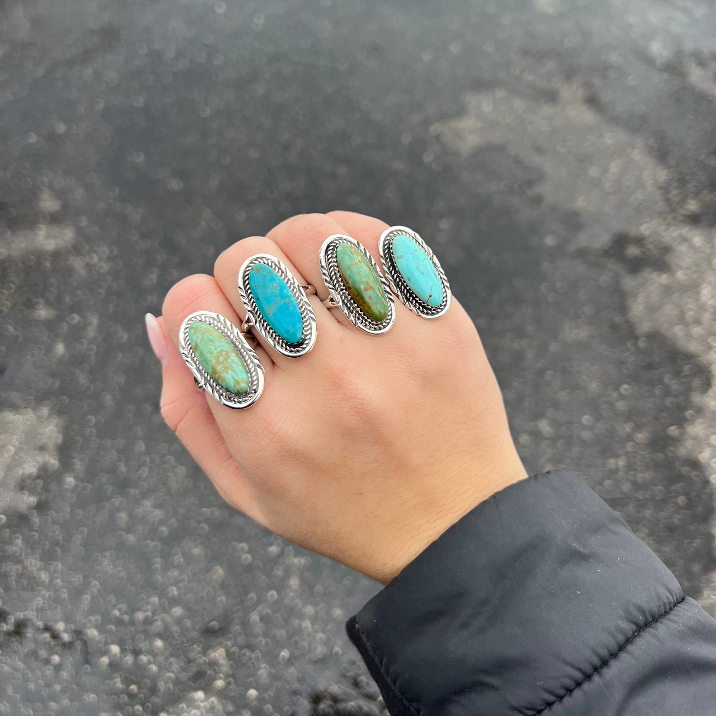 Oval Kingman Turquoise Ring with Stamped Border