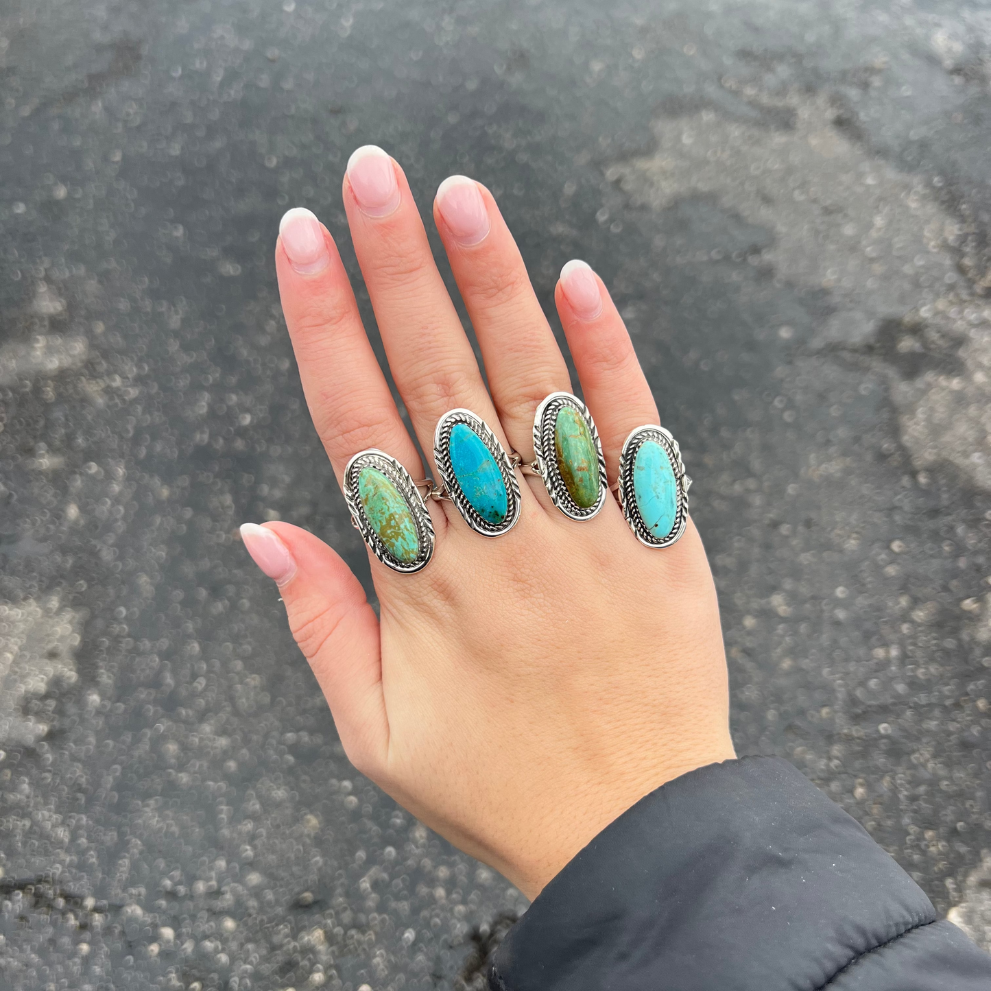 Oval Kingman Turquoise Ring with Stamped Border