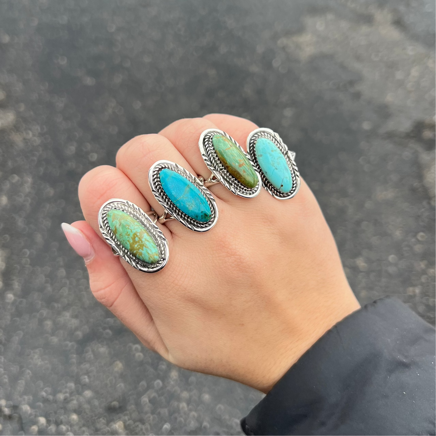 Oval Kingman Turquoise Ring with Stamped Border