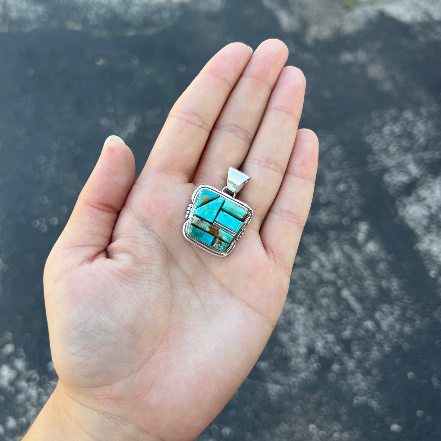 Genuine Turquoise Cobblestone Inlay Sterling Silver Pendant