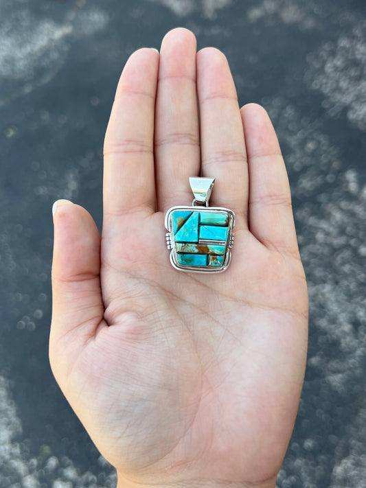 Genuine Turquoise Cobblestone Inlay Sterling Silver Pendant