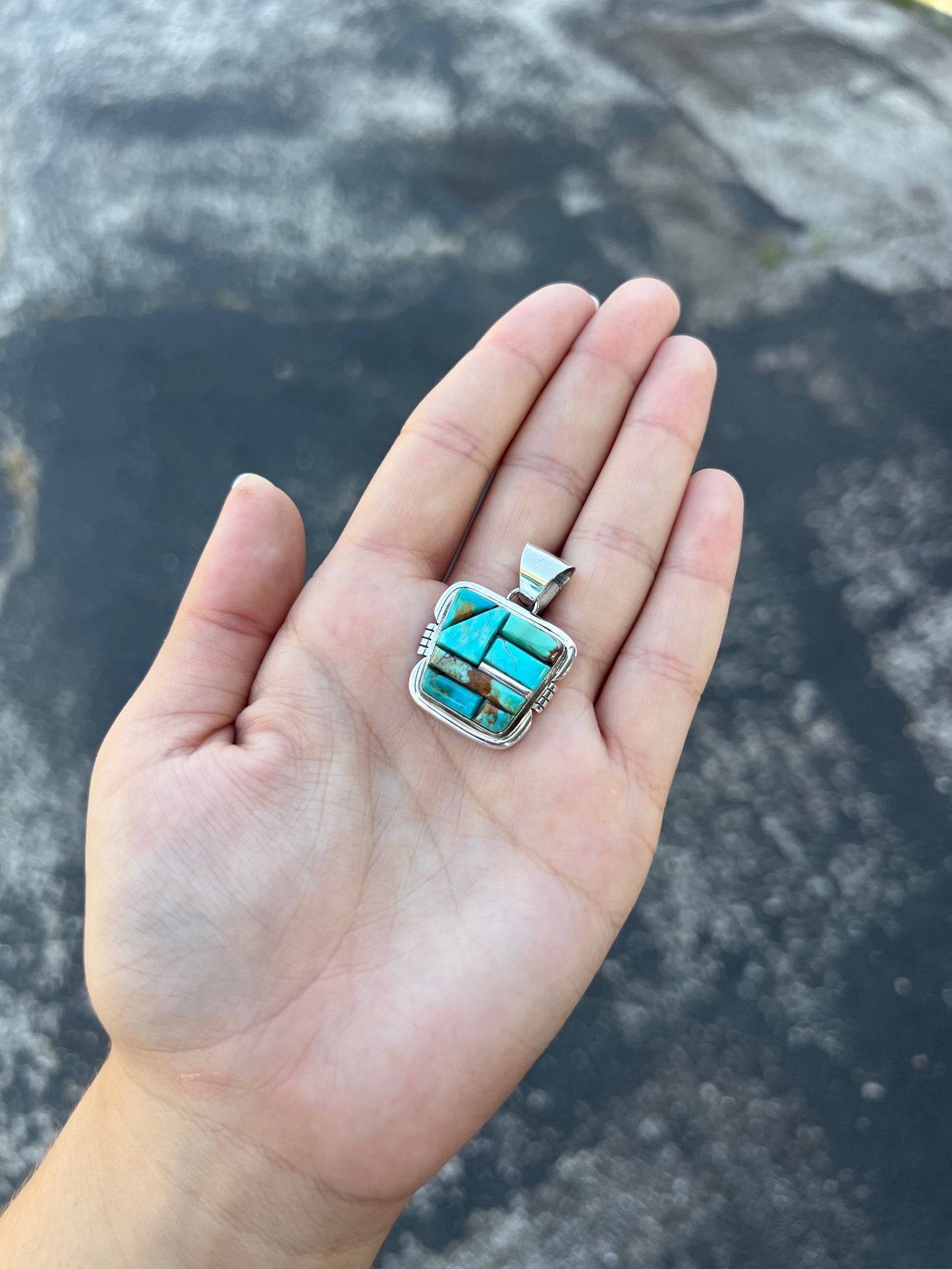 Genuine Turquoise Cobblestone Inlay Sterling Silver Pendant