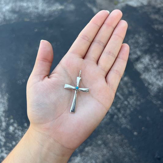 Navajo Genuine Turquoise Plain Sterling Silver Cross Pendant