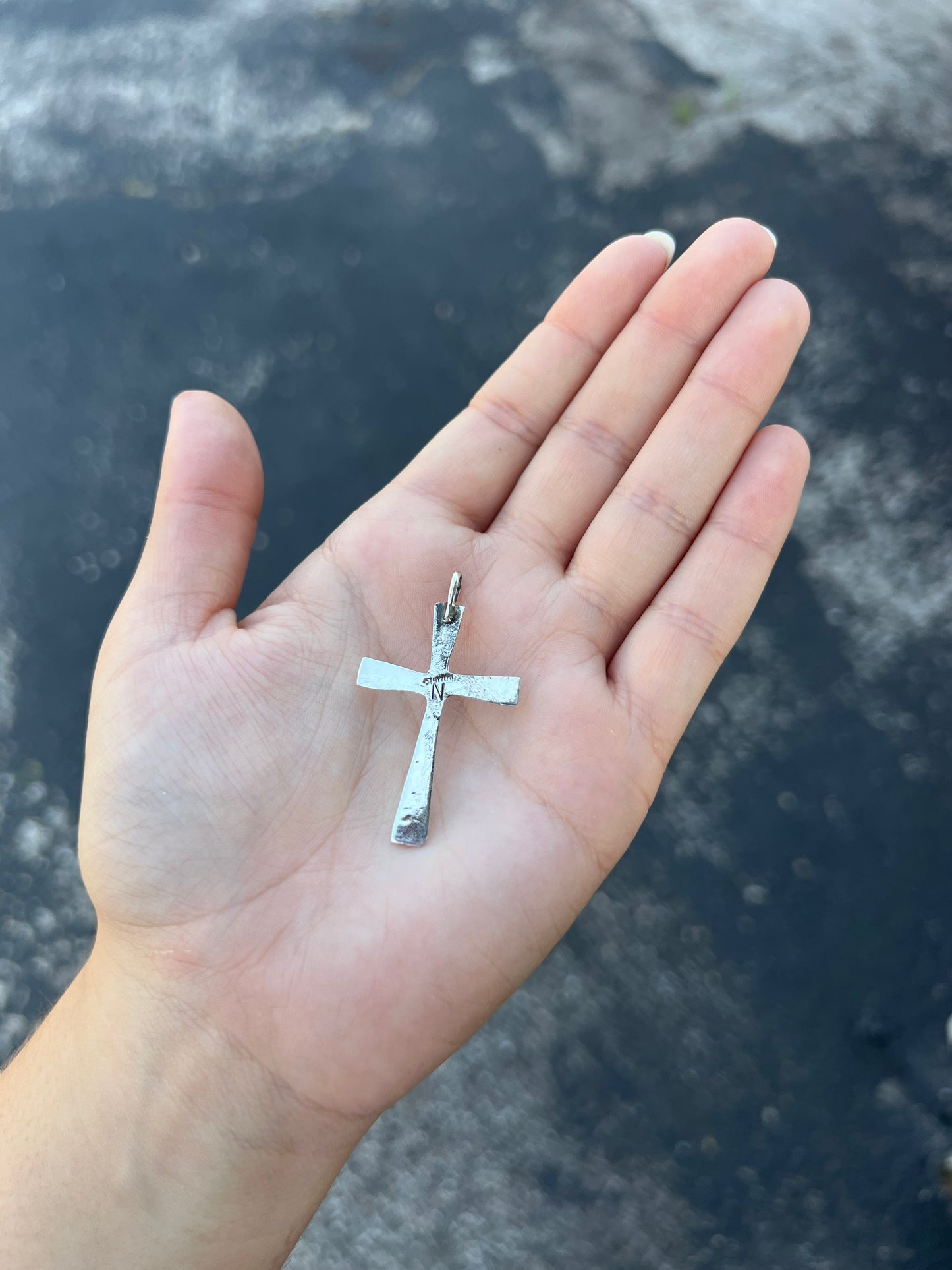 Navajo Genuine Turquoise Plain Sterling Silver Cross Pendant