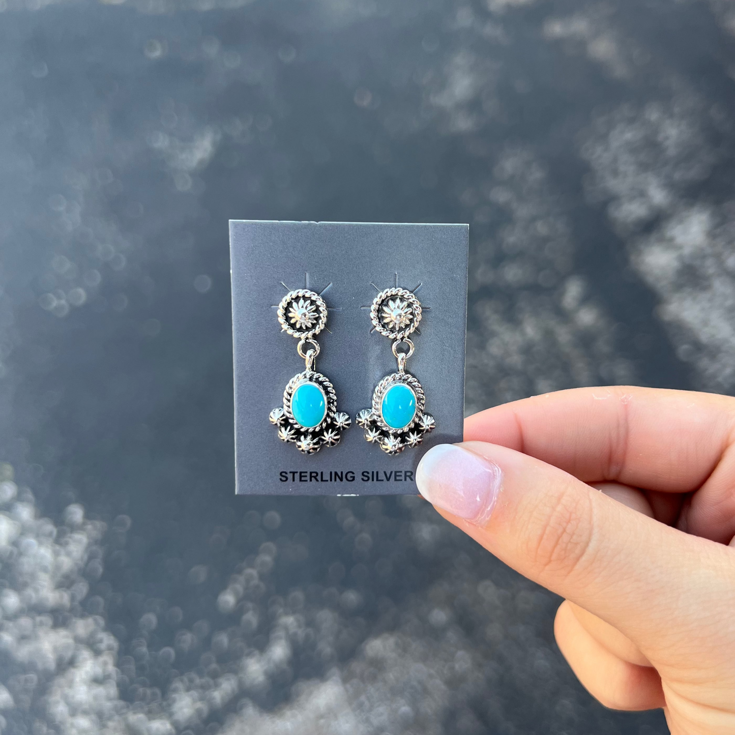 Genuine Natural Turquoise Button Sterling Silver Dangle Earrings
