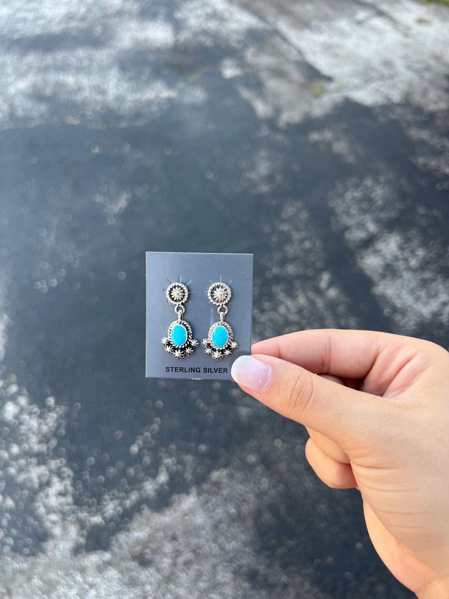 Genuine Natural Turquoise Button Sterling Silver Dangle Earrings