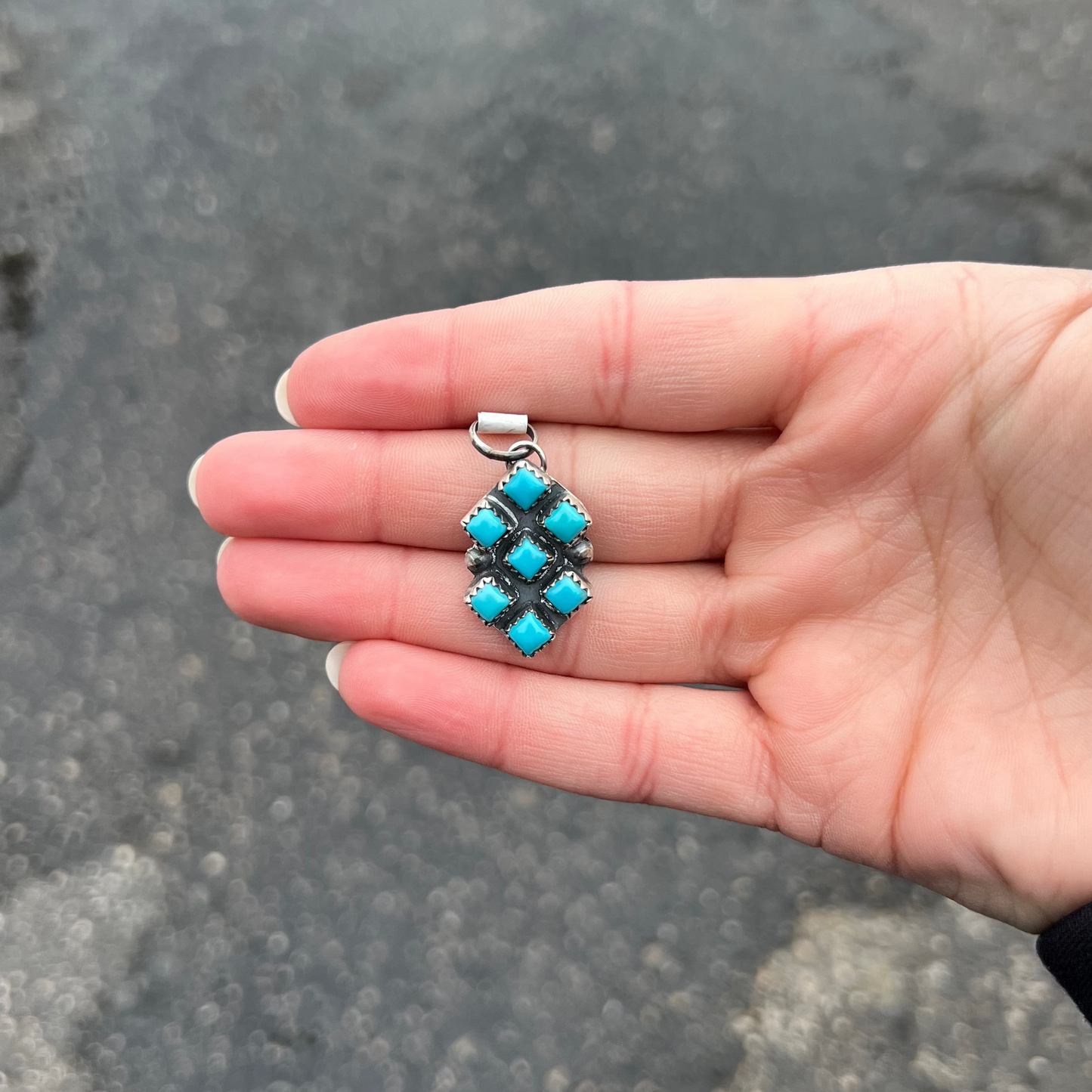 Genuine Kingman Turquoise 7 Stone Diamond Cluster Sterling Silver Pendant