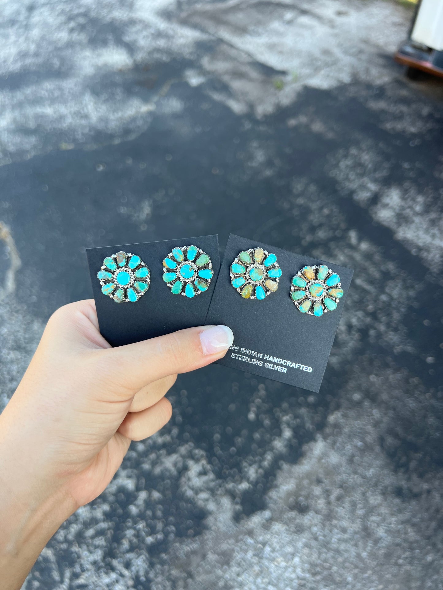 Genuine Green and Blue Kingman Turquoise 10 Stone Sterling Silver Cluster Earrings
