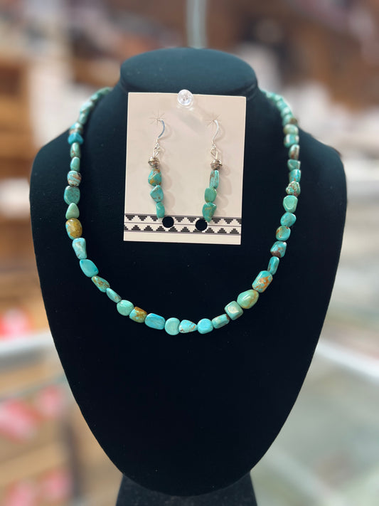 Kingman Turquoise Nuggets Sterling Silver Necklace and Earrings Set