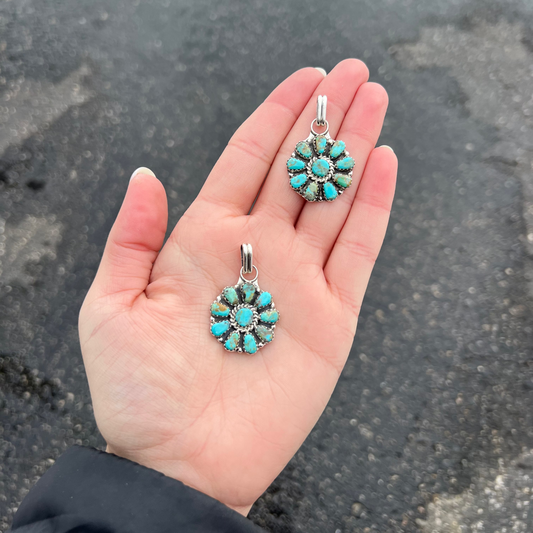 Genuine Turquoise 10 Stone Cluster Sterling Silver Pendant