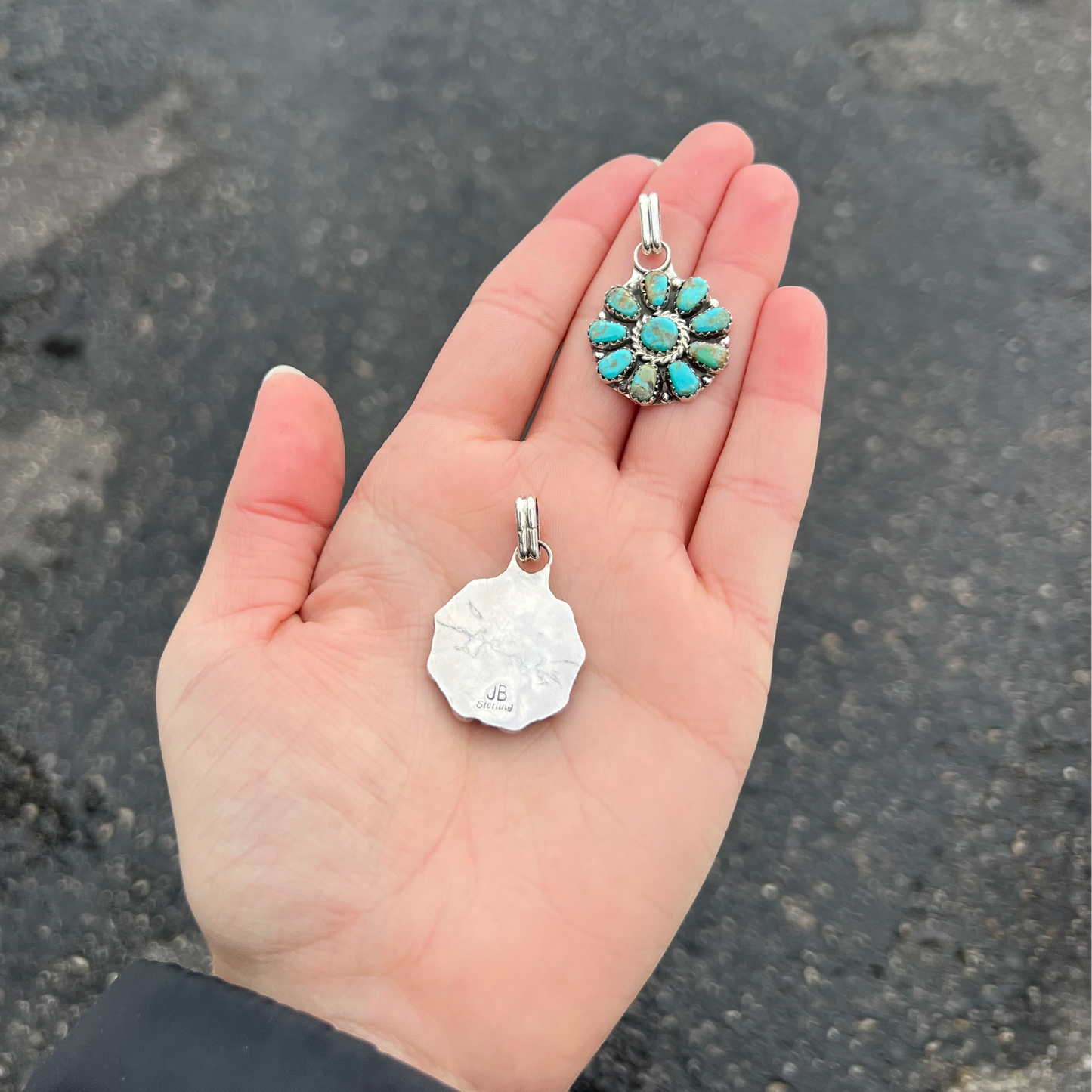 Genuine Turquoise 10 Stone Cluster Sterling Silver Pendant