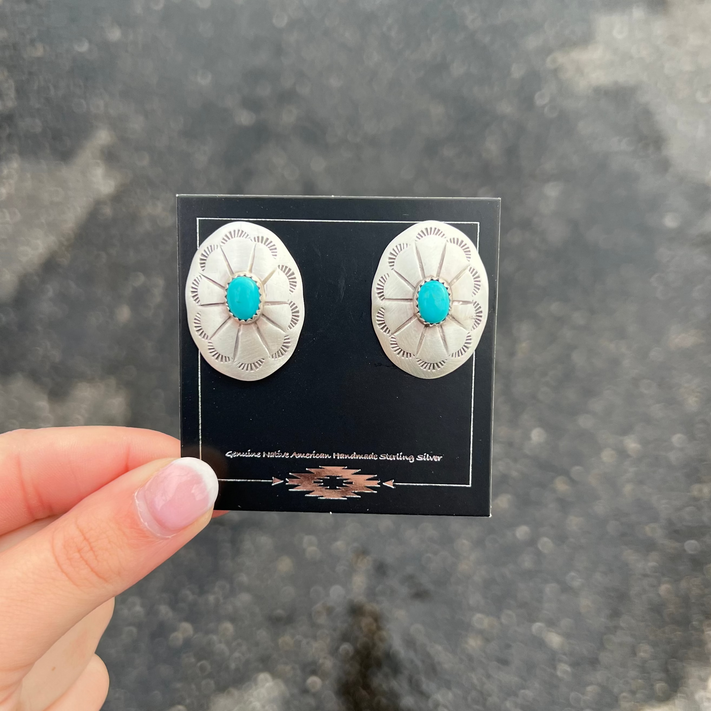 Genuine Turquoise Sterling Silver Oval Concho Earrings