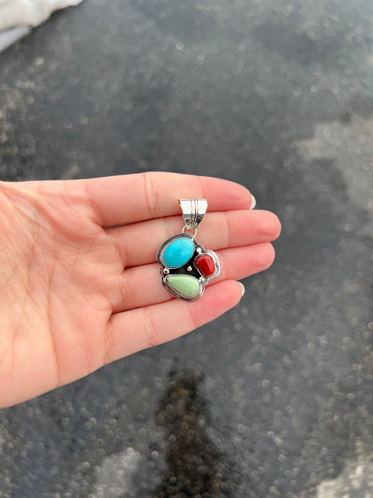 Turquoise and Coral 3 Stone Cluster Pendant