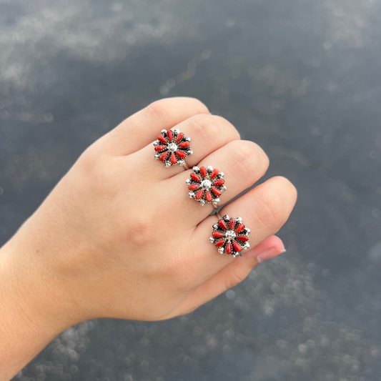 Genuine Coral Sterling Silver Petti Point Flower Cluster Ring