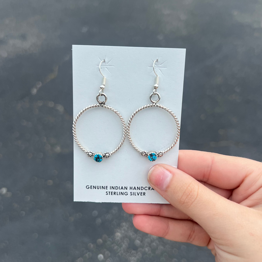 Sterling Silver Twisted Hoop Dangle Earrings with Kingman Turquoise Stone