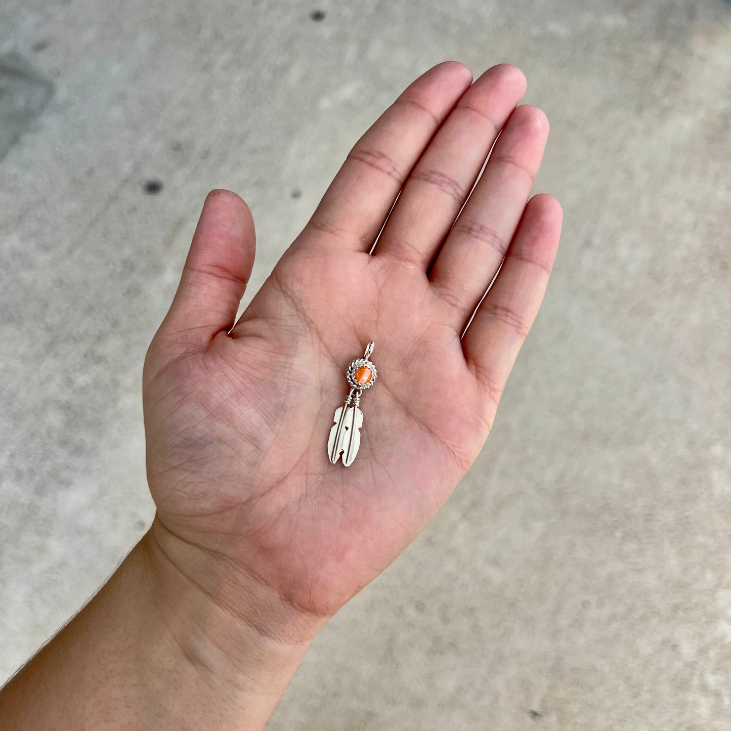 Orange Spiny Oyster Sterling Silver Two Feather Pendant