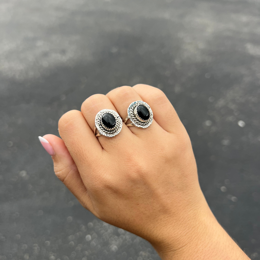 Navajo Oval Black Onyx Sterling Silver Ring with Stamped Border