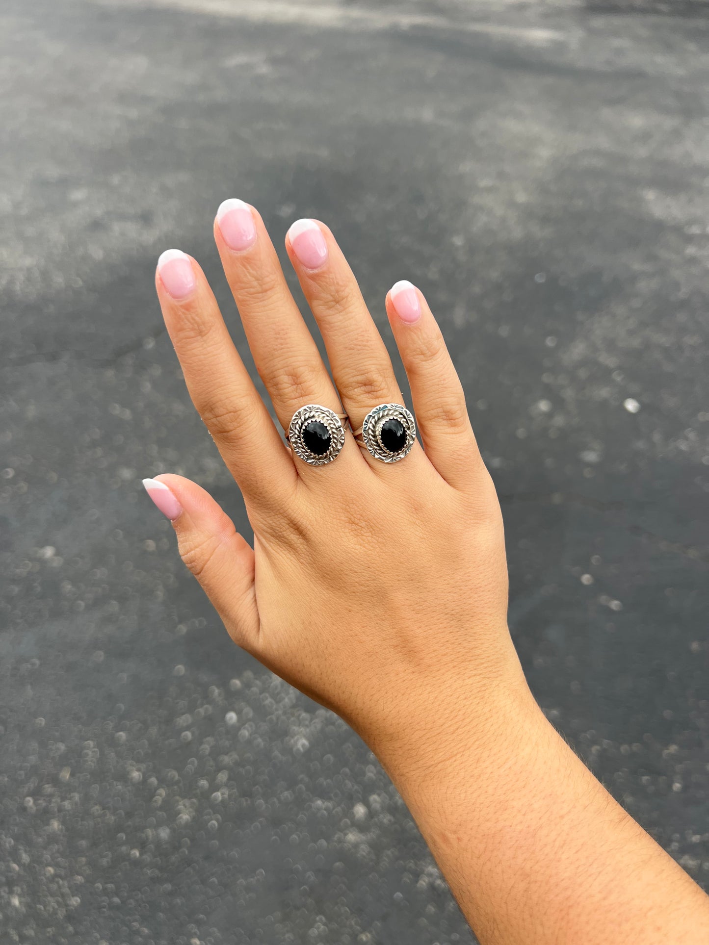 Navajo Oval Black Onyx Sterling Silver Ring with Stamped Border