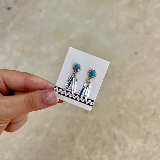 Genuine Kingman Turquoise Round Stud with Sterling Silver Feather Dangle Earrings