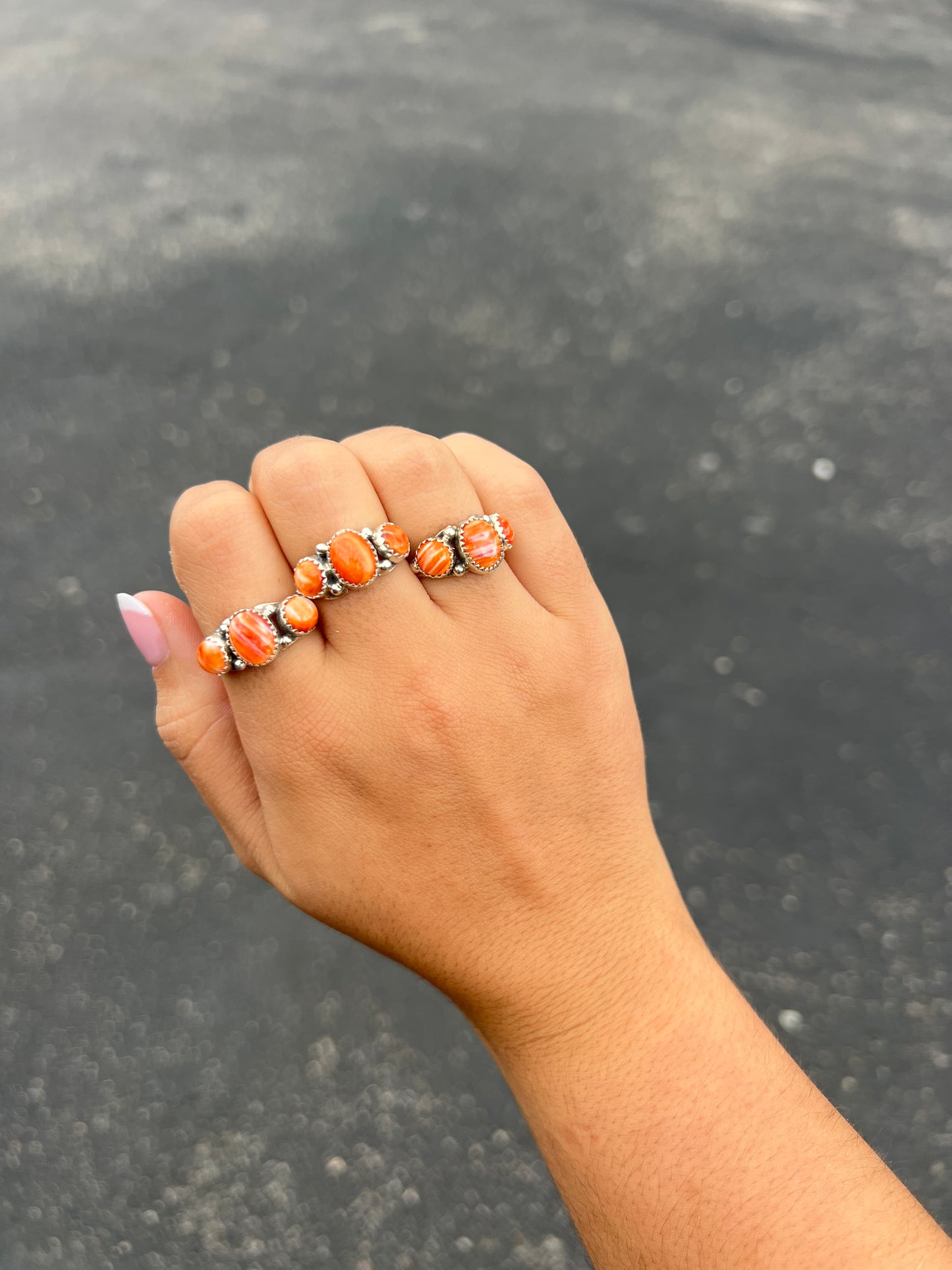 Genuine Orange Spiny Oyster Three Stone Sterling Silver Ring