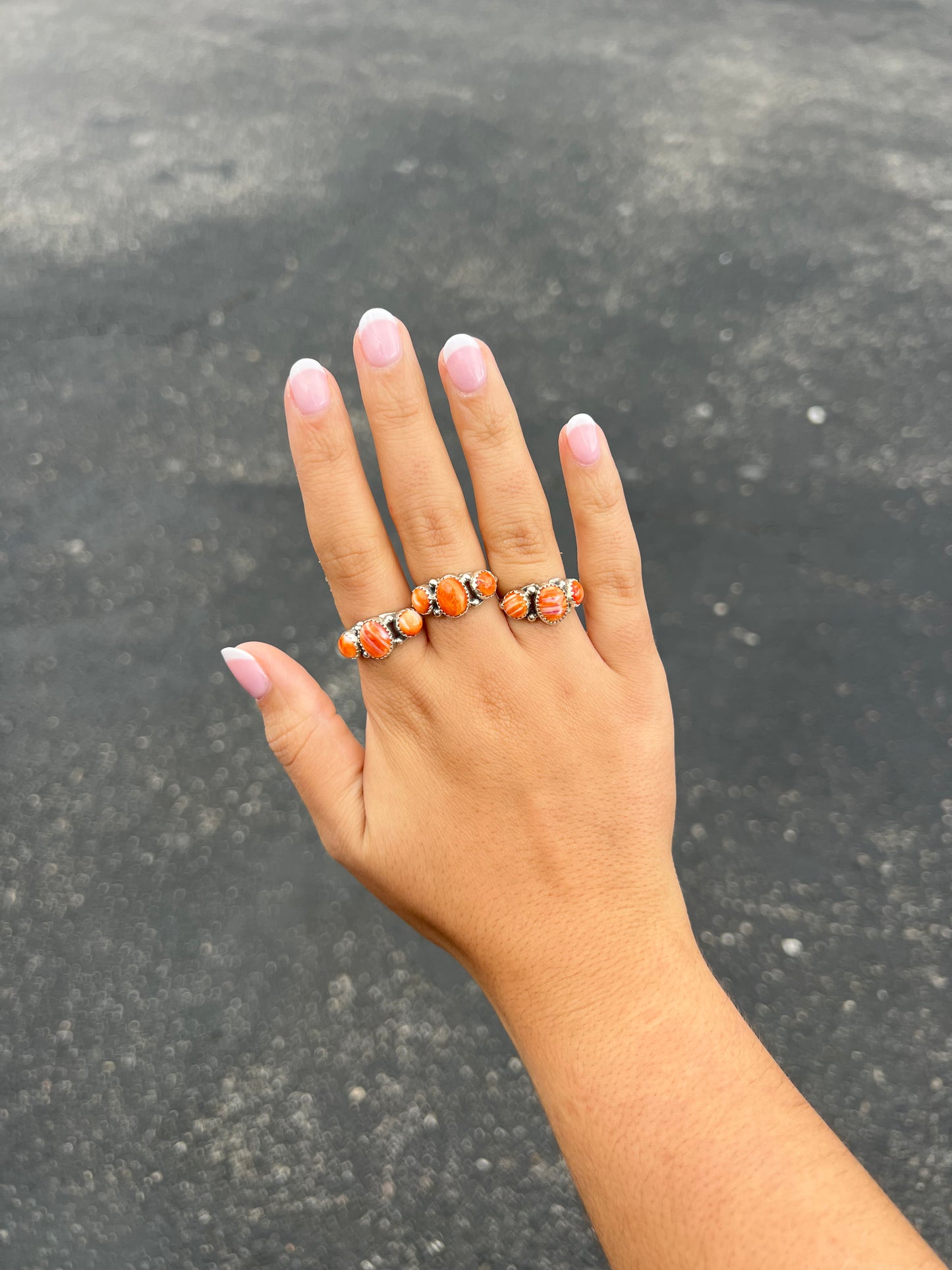 Genuine Orange Spiny Oyster Three Stone Sterling Silver Ring