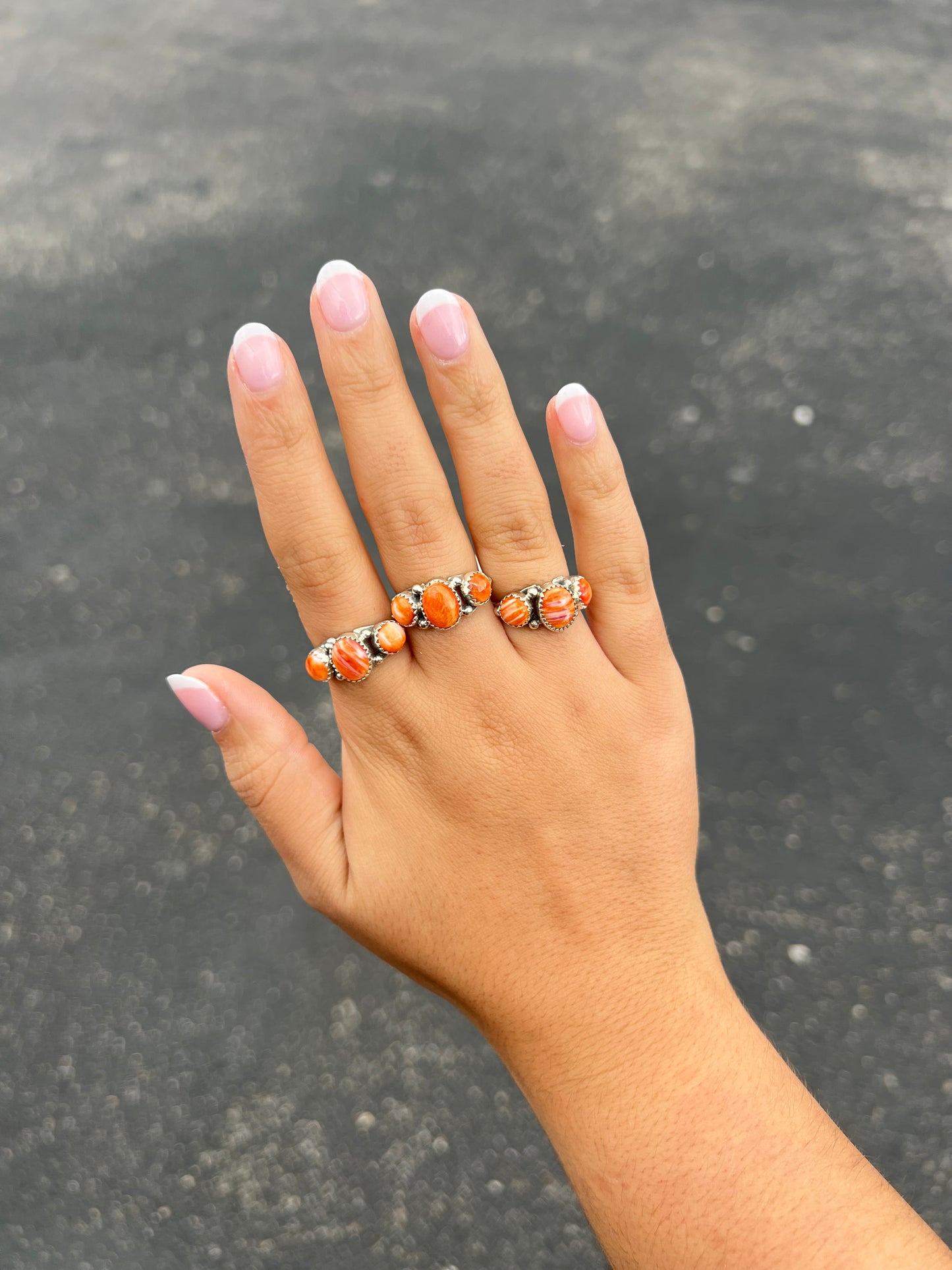Genuine Orange Spiny Oyster Three Stone Sterling Silver Ring