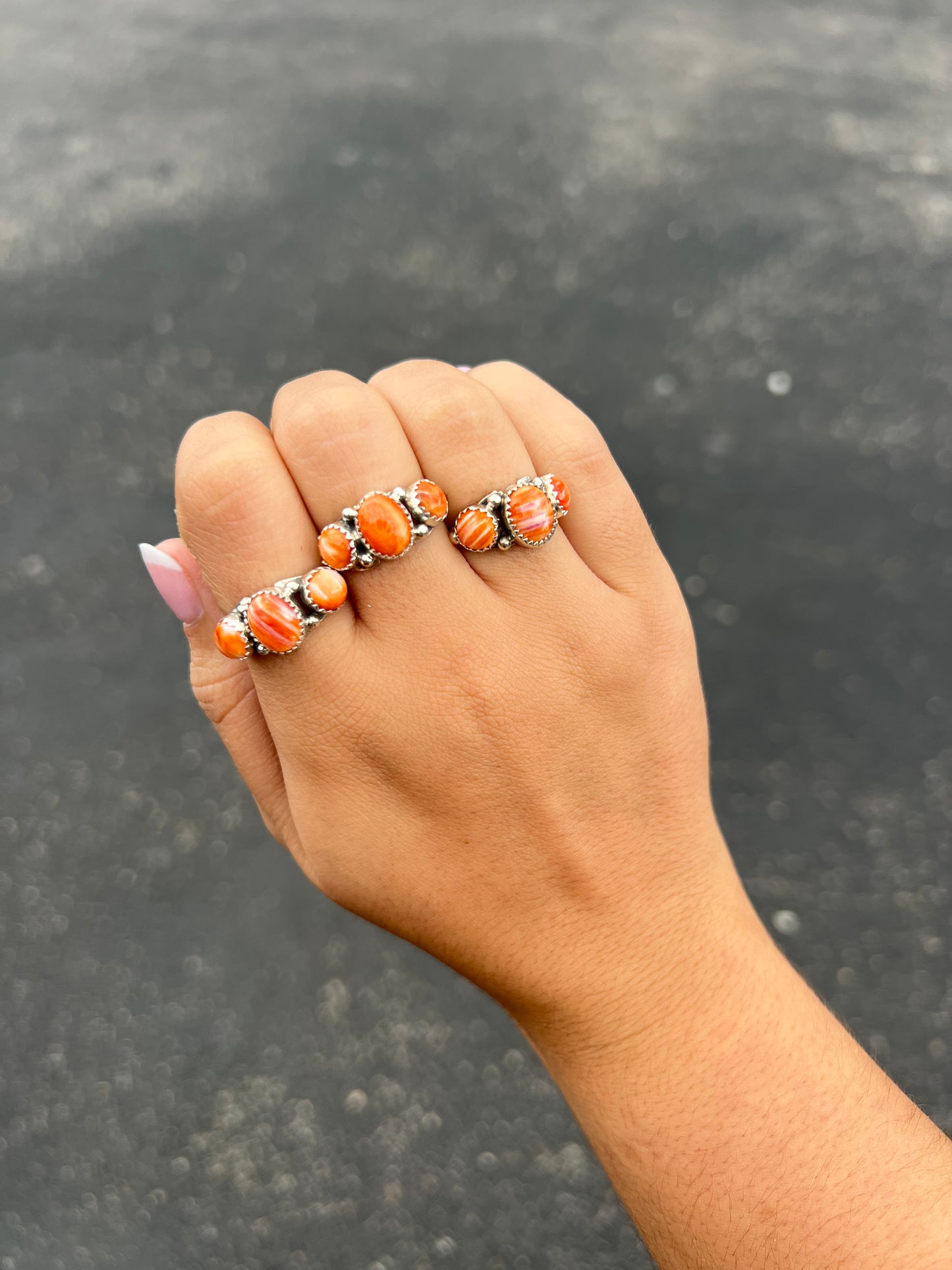 Genuine Orange Spiny Oyster Three Stone Sterling Silver Ring