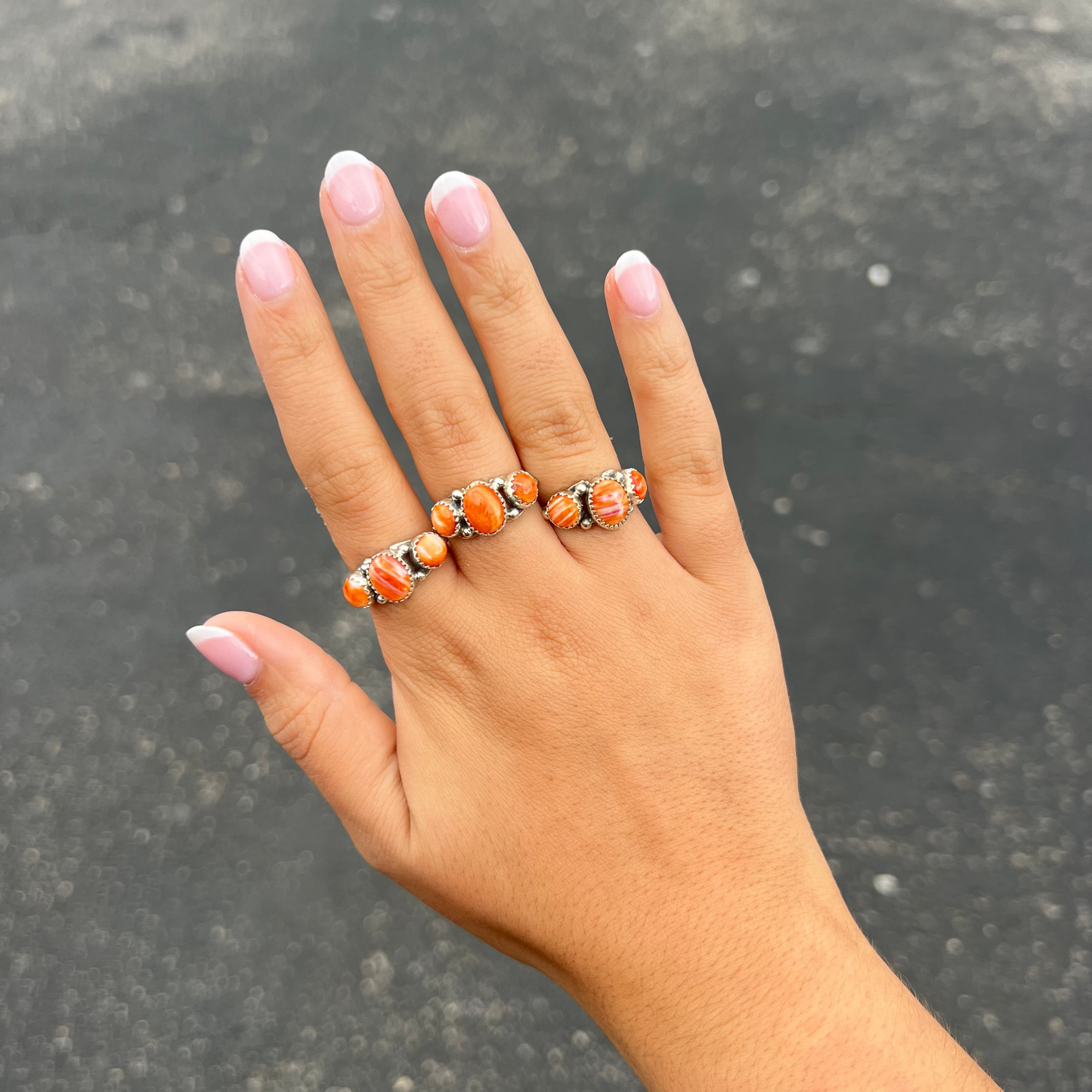 Genuine Orange Spiny Oyster Three Stone Sterling Silver Ring