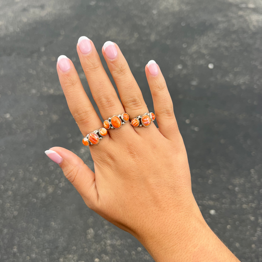 Genuine Orange Spiny Oyster Three Stone Sterling Silver Ring